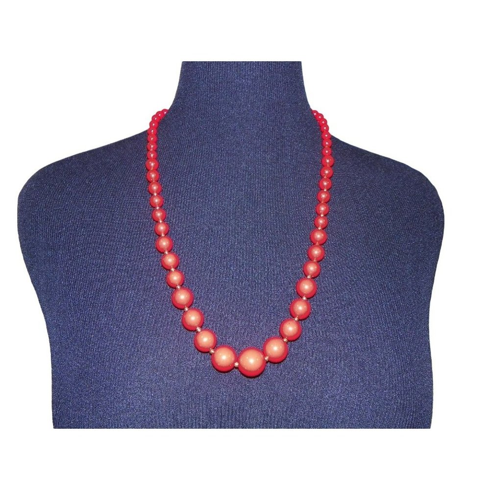 Vintage Necklace Red Beaded Graduated Strand Gold Tone 27" Long Costume Jewelry